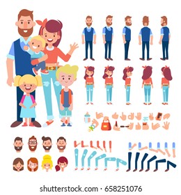 Happy Family Characters - mom, dad and children. Front, side, back view animated characters. Cartoon style, flat vector illustration.