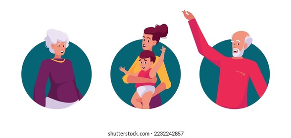 Happy Family Characters Mother with Baby, Grandfather and Grandmother Isolated Round Icons or Avatars on White Background. Children and Parents Generations Together. Cartoon People Vector Illustration