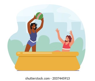 Happy Family Characters Mother and Daughter Playing Ball in Outdoor Swimming Pool. Summertime Water Games, Mom with Girl Activity, Fun on Summer Holidays, Vacation. Cartoon People Vector Illustration