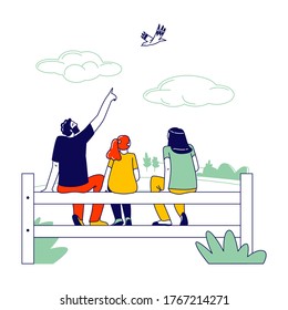 Happy Family Characters Mother, Father and Preteen Daughter Sit on Fence Rear View on Nature Background Looking on Birds Flying in Sky. Parents with Kid Sparetime. Linear People Vector Illustration