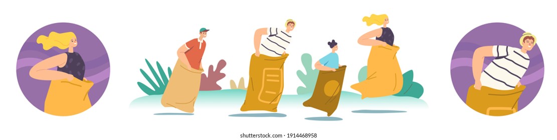 Happy Family Characters Mother, Father and Children Jumping in Bags. Sack Race Summer Outdoor Competition, Hopping Cheerful Game in Parkland or Stadium. Cartoon People Vector Illustration, Round Icons