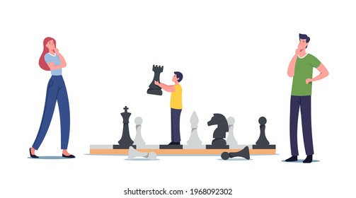 Happy Family Characters Mother, Father and Little Son Playing Chess. Boy Moving Huge Figures on Chessboard, Spare Time Amusement, Logic Game, Hobby, Recreation. Cartoon People Vector Illustration