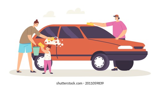 Happy Family Characters Mother, Father and Little Daughter Wash Car Isolated on White Background Weekend Chores, Household Activity, People Lathering Automobile with Soap. Cartoon Vector Illustration