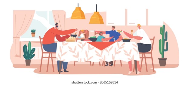 Happy Family Characters Mother, Father and Little Kids Having Dinner Around Table with Food. People Eating Meal and Talking Together, Cheerful Parents and Children Lunch. Cartoon Vector Illustration