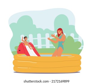 Happy Family Characters Mother and Little Son Playing in Outdoor Swimming Pool. Summertime Water Games, Mom with Boy Activity, Fun on Summer Holidays, Vacation. Cartoon People Vector Illustration