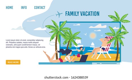 Happy Family Characters on Tropical Vacation Landing Page. Best Tour for Parents and Kids at Seaside. Mother, Father and Daughter Enjoying Rest on Beach. Summer Holidays. Vector Illustration