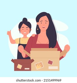 Personajes de la familia feliz abrir caja de cartón, los clientes reciben el paquete con ilustración de vector sorpresa. Madre de caricatura e hija desboxeando orden en línea con antecedentes de bienes. Concepto de servicio de regalo