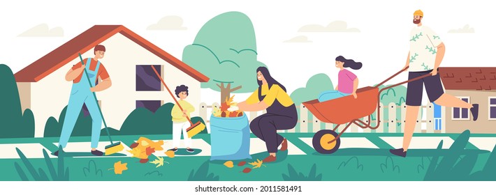 Happy Family Characters Parents and Children Cleaning Backyard Having Fun All Together, Collecting Fallen Autumn Leaves, Raking Garbage. Weekend Yardwork Cleanup. Cartoon People Vector Illustration