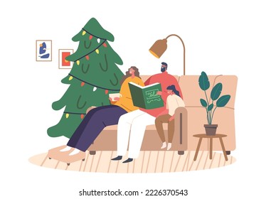 Happy Family Characters Parents and Kid Reading Stories at Christmas Eve. Happy Mom, Dad and Child Sitting on Coach with Book Enjoying Magic Fairy Tales. Cartoon People Vector Illustration