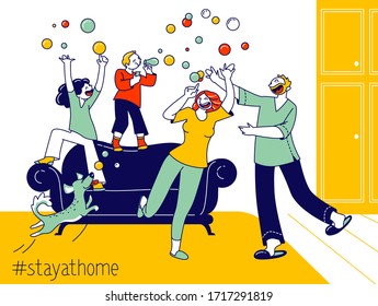 Happy Family Characters Parents And Kids Playing, Blowing Soap Bubbles At Covid19 Quarantine Isolation. Stay Home Concept With Kids Mess, Mom, Dad Dog And Children. Linear People Vector Illustration