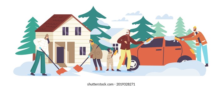 Happy Family Characters Parents and Kids Shoveling Snow from House Front Yard Using Shovels and Brushes, Cleaning Road and Car after Snowfall. Winter Time Activity. Cartoon People Vector Illustration