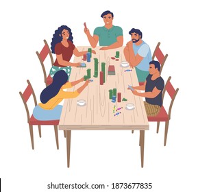 Happy family characters playing board game sitting at table, flat vector illustration. Parents with children spending time together, playing tabletop game and having fun. Home leisure activities.