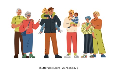 Happy family characters posing together posing vector illustration