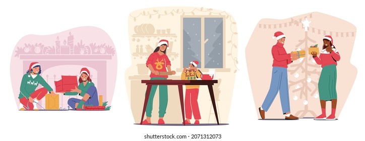 Happy Family Characters Prepare for Christmas Eve Celebration, Mother with Kids Bake Cookies, Women Wrapping Gift with Paper and Ribbons, Couple Giving Presents. Cartoon People Vector Illustration