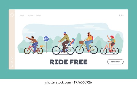 Happy Family Characters Riding Bikes Landing Page Template. Dad, Son, Mom and Daughter Training, Healthy Lifestyle, Outdoors Sport Activity, Exercising, Track. Cartoon People Vector Illustration