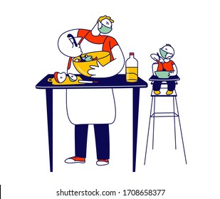 Happy Family Characters Routine. Single Father in Medical Mask Cook Dinner on Kitchen with Baby Son Sit in High Chair. Covid19 Quarantine Sparetime and Home Duties. Linear People Vector Illustration