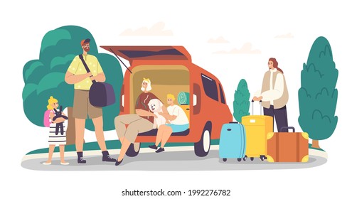 Happy Family Characters Sitting At Car Trunk With Dog Ready For Travel. Mother, Father And Excited Children With Pet And Luggage Leaving Home For Road Journey. Cartoon People Vector Illustration