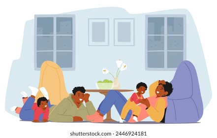 Happy Family Characters Unwind Together On Cozy Floor, Immersed In Playful Activities, Sharing Laughter And Creating Cherished Memories In The Comfort Of Their Home. Cartoon People Vector Illustration