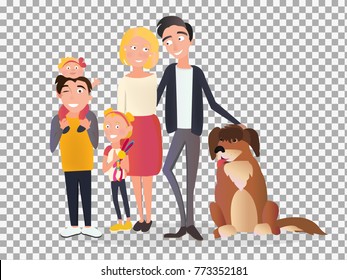 Happy family characters vector on transparent background. Family portrait: Mother, Father, Sister, Brother, Toddler. Cartoon cute people characters. -stock vector