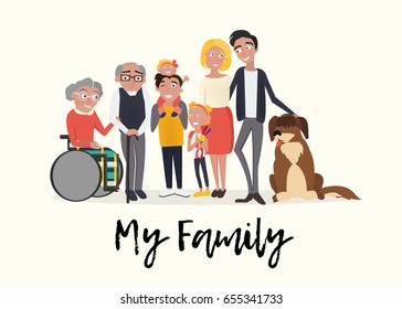 Happy family characters vector. Family portrait: Mother, Father, Sister, Brother, Toddler, Grandfather and Grandmother. Cartoon cute people characters. -stock vector