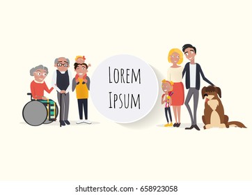 Happy family characters vector. Family portrait: Mother, Father, Sister, Brother, Toddler, Grandfather and Grandmother. Cartoon cute people characters. -stock vector