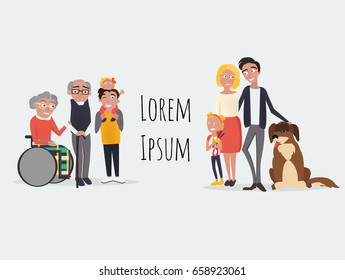 Happy family characters vector. Family portrait: Mother, Father, Sister, Brother, Toddler, Grandfather and Grandmother. Cartoon cute people characters. -stock vector