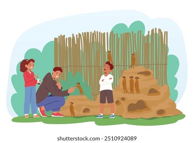 Happy Family Characters Visiting A Zoo And Watching Meerkats. Father, Daughter And Son Enjoy A Day Together, Interacting With Animals In A Serene Environment. Cartoon People Vector Illustration