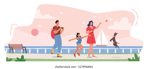 Happy Family Characters Walking along Embankment with Seaview and Floating Yacht. Father, Mother with Daughter Spend Time Together Outdoors on Weekend Making Photo. Cartoon People Vector Illustration