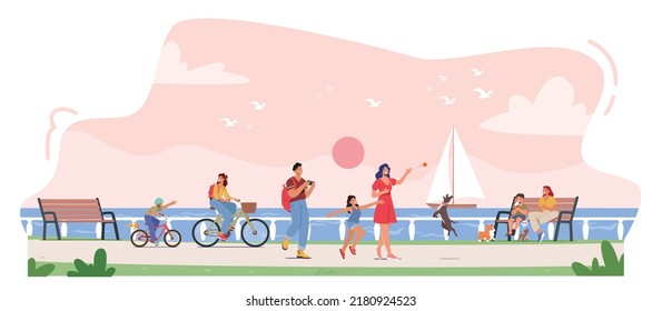 Happy Family Characters Walking along Embankment with Seaview and Floating Yacht. Parents and Children Spend Time Together Outdoors on Weekend or Vacation. Cartoon People Vector Illustration