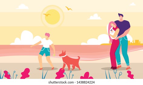 Happy Family Characters Walking Outside and Spending Time on Nature. Son Plays Ball with Dog. Father Hugs Mother. Woman Holds Newborn in Hands. Vector Flat Illustration. Sweet Life Moments Cartoon