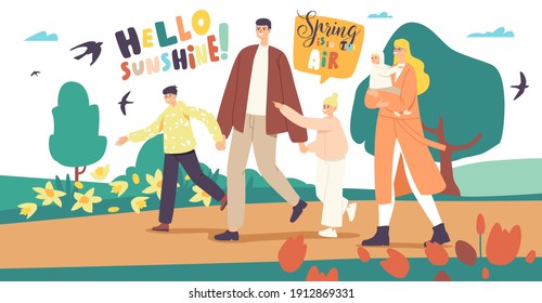 Happy Family Characters Walking at Spring City Park. Father, Mother with Baby, Son and Daughter Spend Time Together Outdoors Weekend or Vacation. Active Leisure. Cartoon People Vector Illustration