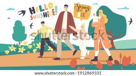 Happy Family Characters Walking at Spring City Park. Father, Mother with Baby, Son and Daughter Spend Time Together Outdoors Weekend or Vacation. Active Leisure. Cartoon People Vector Illustration