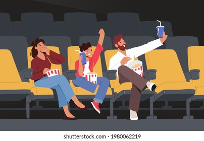 Happy Family Characters Watching Movie at Cinema, Weekend Entertaining. Young Mother, Father and Son Enjoying Film at Movie Theatre Eating Pop Corn and Drink Cola. Cartoon People Vector Illustration