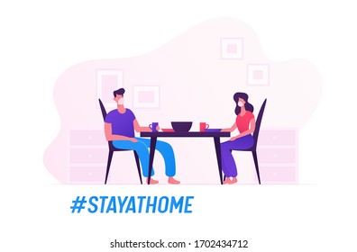 Happy Family Characters Wear Medical Masks Eating Together Staying at Home during Covid19 Quarantine Self Isolation. Couple Sitting at Table on Kitchen Having Meal. Cartoon Vector People Illustration