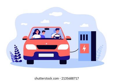 Happy family charging electric car at station with charger. Woman, man and child sitting inside vehicle flat vector illustration. Ecology concept for banner, website design or landing web page