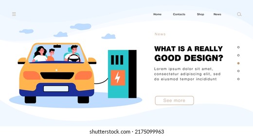 Happy family charging electric car at station with charger. Woman, man and child sitting inside vehicle flat vector illustration. Ecology concept for banner, website design or landing web page