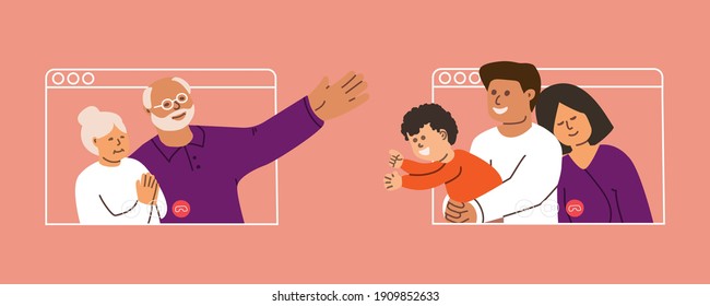 Happy family chatting by video call. The son calls his elderly parents by videoconference. Communication at a distance security in quarantine. Vector illustration in a flat style.