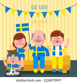 Happy family cheering sport with national flag : Sweden : Vector Illustration