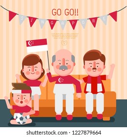 Happy family cheering sport with national flag : Singapore : Vector Illustration