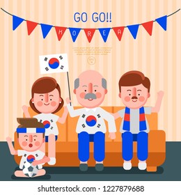 Happy family cheering sport with national flag : South Korea : Vector Illustration