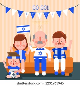 Happy family cheering sport with national flag : Israel : Vector Illustration