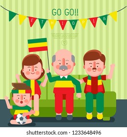 Happy family cheering sport with national flag : Ethiopia : Vector Illustration