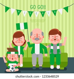 Happy family cheering sport with national flag : Nigeria : Vector Illustration