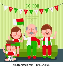Happy family cheering sport with national flag : Madagascar : Vector Illustration