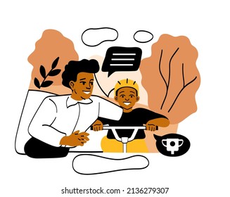 Happy family with child abstract concept. Young father helps his young son learn to ride bicycle. Love for children and spending time together. Cartoon flat vector illustration in line art style