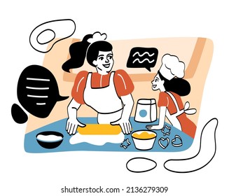 Happy family with child abstract concept. Mother and daughter in cap and apron cook delicious sweet cookies. Woman and girl spend time together. Cartoon flat vector illustration in line art style