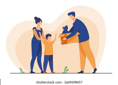 Happy family with child adopting pet. Father giving box with puppy dog to his son. Vector illustration for animal care, adoption, charity concept