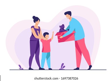 Happy family with child adopting pet. Father giving box with puppy dog to his son. Vector illustration for animal care, adoption, charity concept