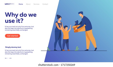 Happy family with child adopting pet. Father giving box with puppy dog to his son. Vector illustration for animal care, adoption, charity concept