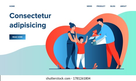 Happy family with child adopting pet. Father giving box with puppy dog to his son. Vector illustration for animal care, adoption, charity concept
